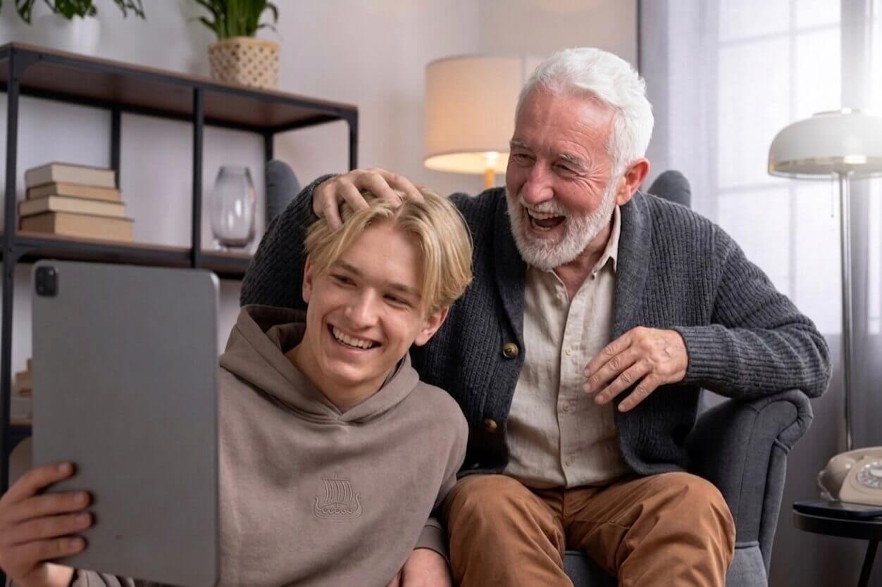 En ung student och en äldre man skrattar tillsammans